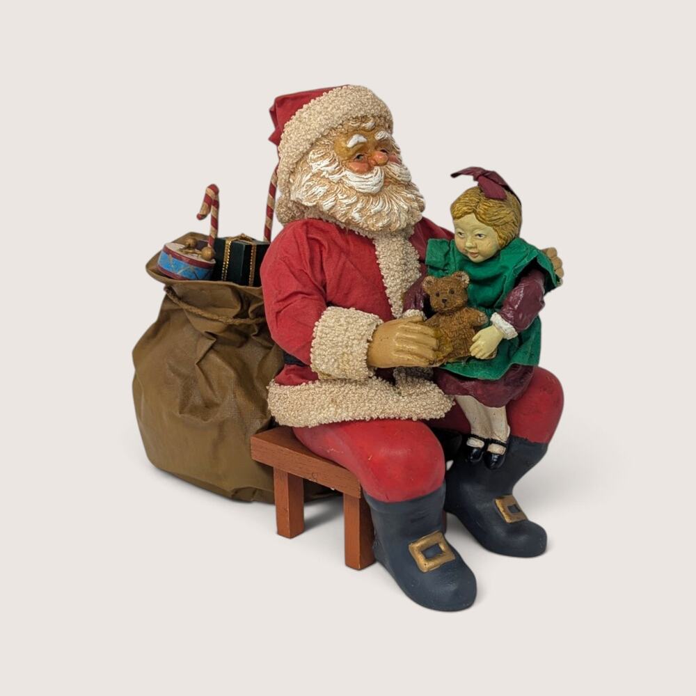 Vintage Santa Figurine Shelf Sitter 1980s Christmas Decor Little Girl Teddy Bear